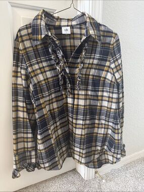 CAbi Navy, Mustard & Cream Plaid Ruffle-Front Button-Down